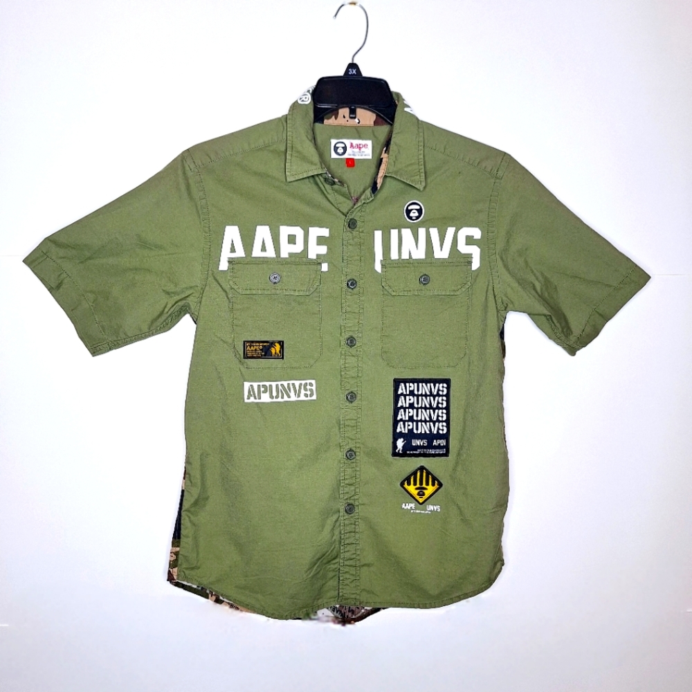 A Bathing Ape Brand " The Camo Ape" button-down short sleeve unity shirt size L.
